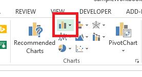 Image is of the bar chart button selection in the Microsoft Excel ribbon.