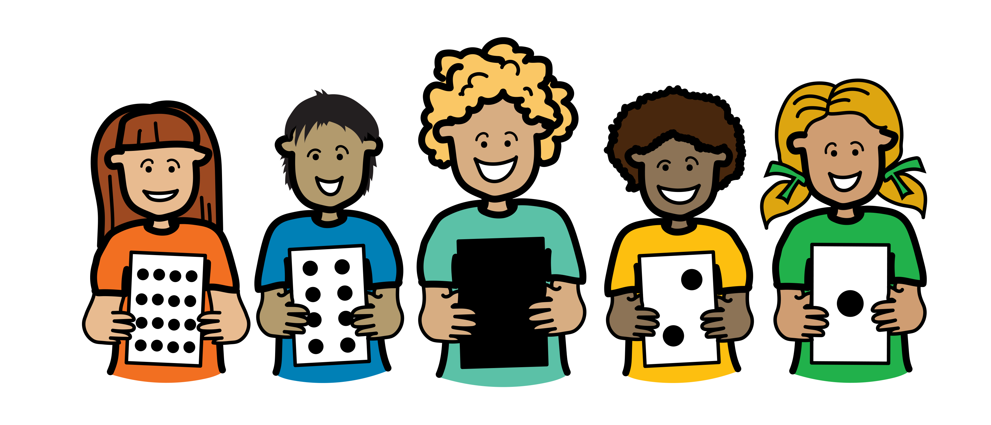Five children hold cards with different dot patterns and one black card, showing different ways information can be represented and counted. 