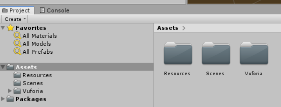 A screenshot of the assers folder in Vuforia with the folders Resources, Scenes and Vuforia.