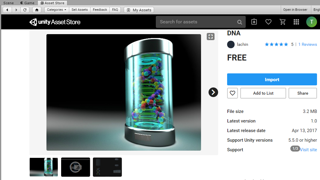 A screen shot of tUnity asset store showing a DNA double helix image that users can import for free into their Unity project environent.
