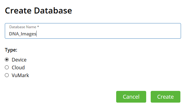 Screenshot of the Target Manager showing a Create Database pop up box where users type a Database name, such as DNA images