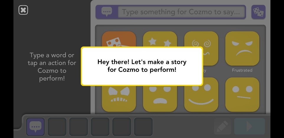 Image of a programming screen for the Cozmo Robot. The screen says 'Hey there! Let's make a story for Cozmo to perform!'