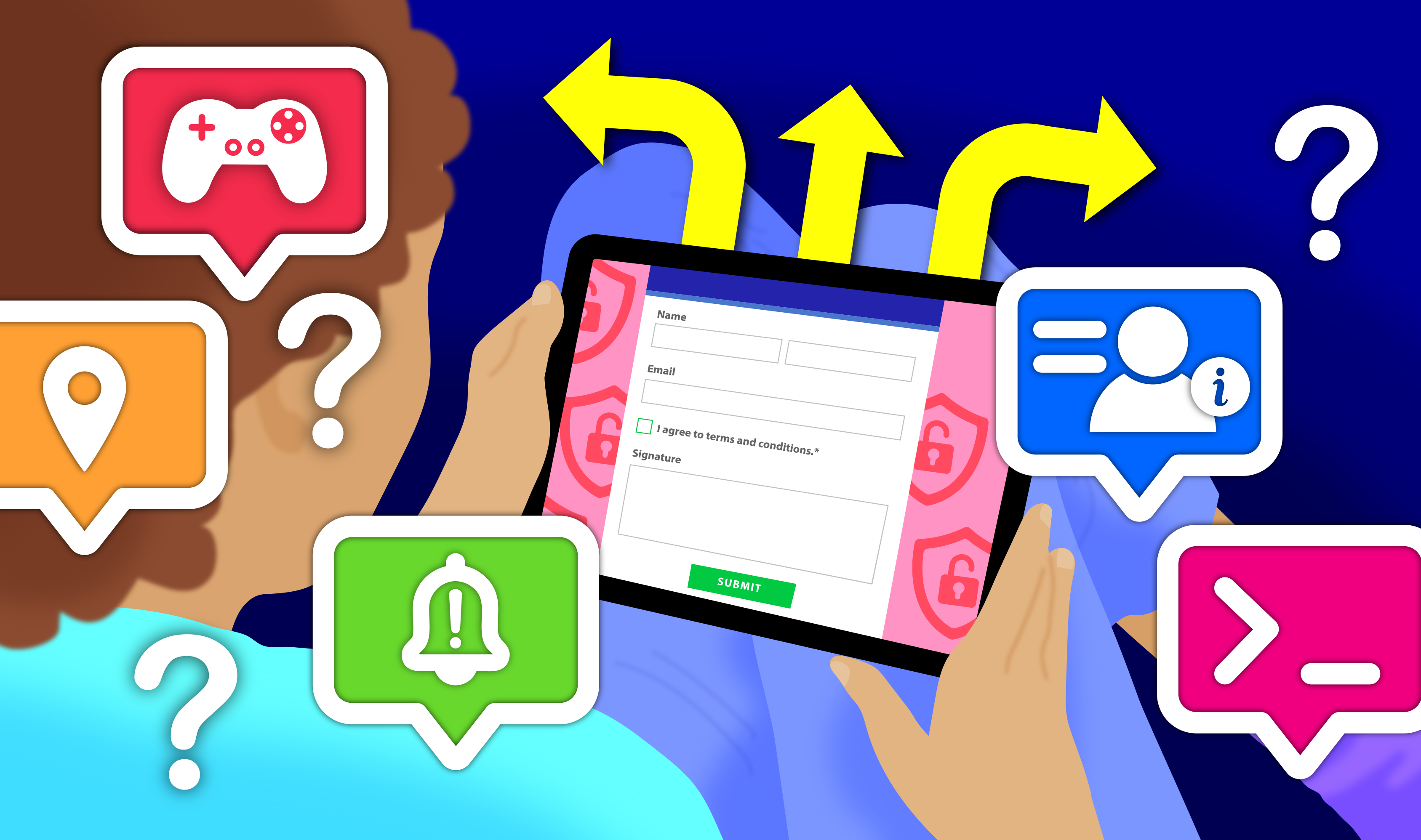 Illustration of a person using a tablet while deciding what information to share online. Around the tablet are icons representing gaming, location, notifications, messaging, and online communication, along with question marks and directional arrows that suggest making choices about online safety and privacy.