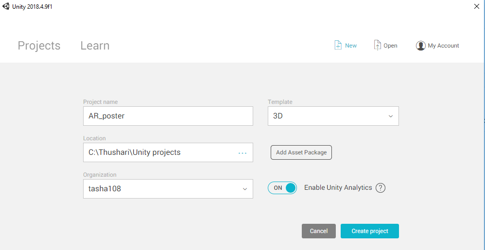 Screen shot of Unity page that allows users to create a new project.