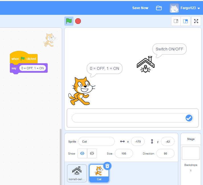 Screen capture of Scratch 3.0 program giving user instructions for using either 0 or 1 as input
