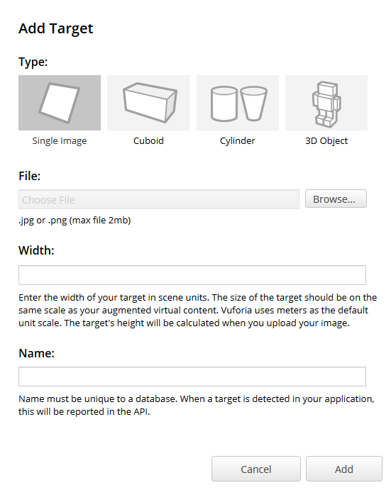 Screenshot of four different target types, including Single image, cuboid, cylinder and 3D object.