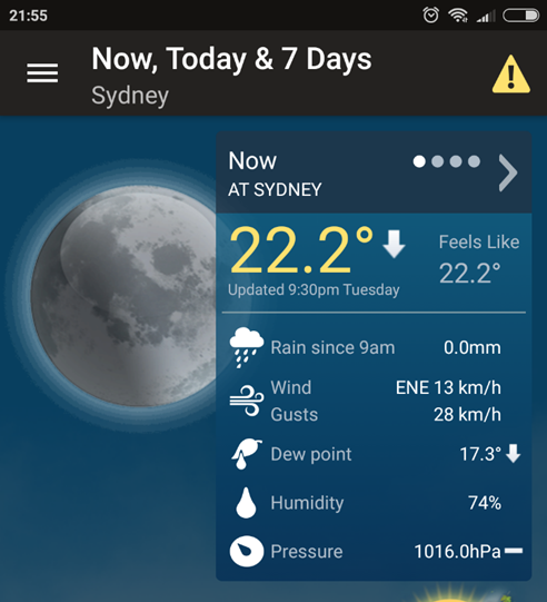 Sydney weather forecast showing Now, Today and & Days