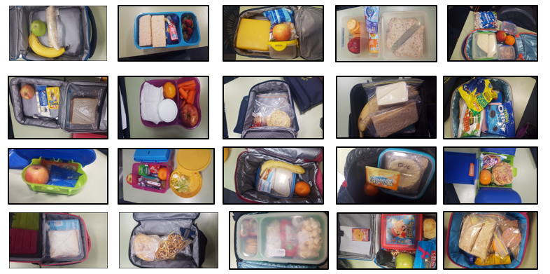 Image of twenty different lunch boxes and their food inside