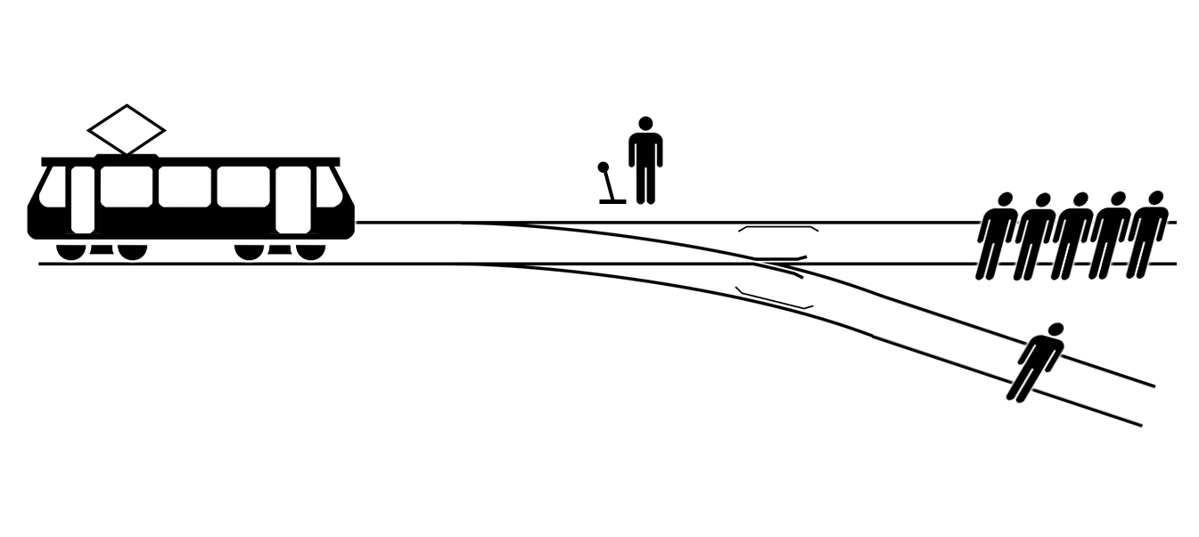 A person standing next to a switch at a rail crossroads. A trolley is heading along the tracks and will hit 5 people. If the person uses the switch, the trolley will change tracks and hit one person.