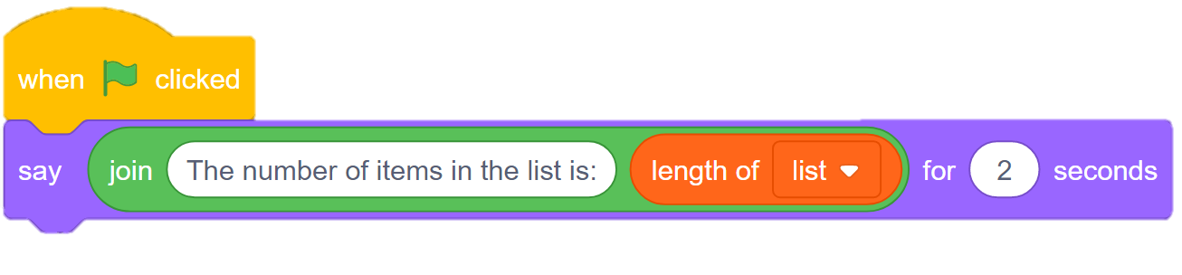 An example of a Scratch block sequence stating: When the flag icon is clicked, say 'join 'the number of items in the list is' length of list for 2 seconds'.