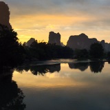 Rocks reflected in water at sunset