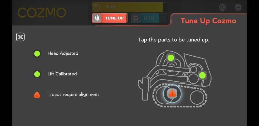 Image showing the parts of the robot that need calibration, after a tune-up has occurred. According to the screen, the head has been adjusted, the lift has been calibrated but the treads still require adjustment.