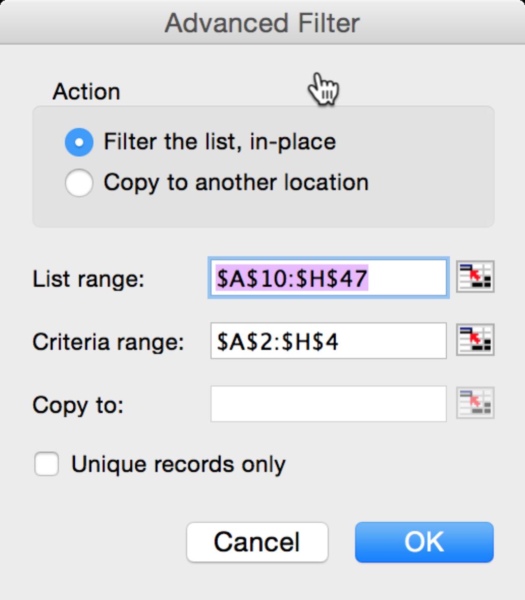 The image displays the advanced filter window where the dataset and criteria ranges are set.