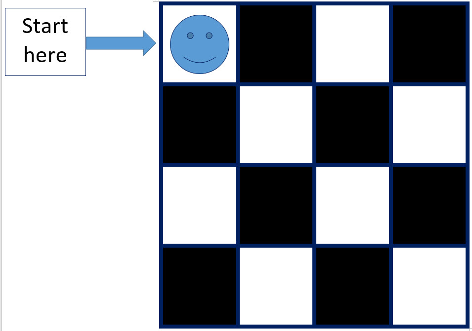 Four by four grid. The square in the first row and first column has a smiley face. The squares alternate between being blank and being black. There is a 'Start here' sign next to the smiley face.