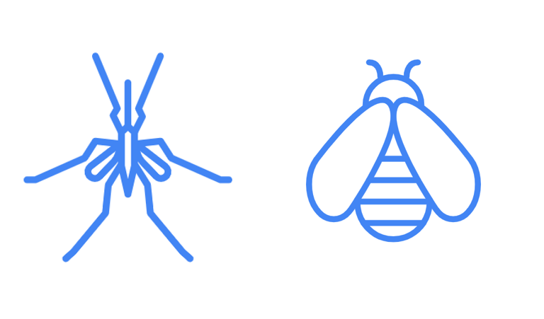 Simple line drawings of two insects: a mosquito on the left and a bee on the right. Both are shown in blue outline on a light background.