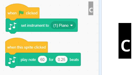 Image showing two code sequences. The first states that when the flag is clicked, set instrument to Piano 1. The second states that when the sprite is clicked, play note 60 for 0.25 seconds