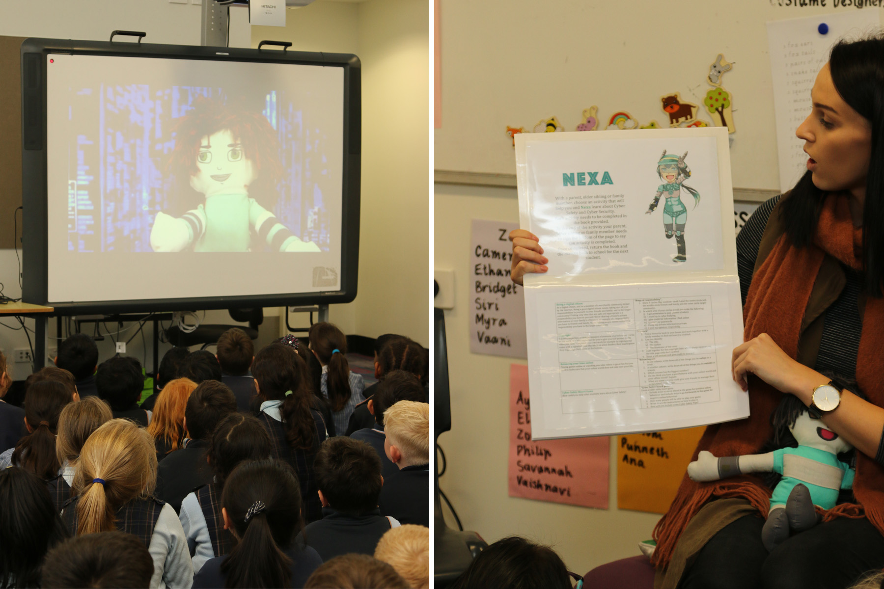 Teacher showing Nexa mascot to class