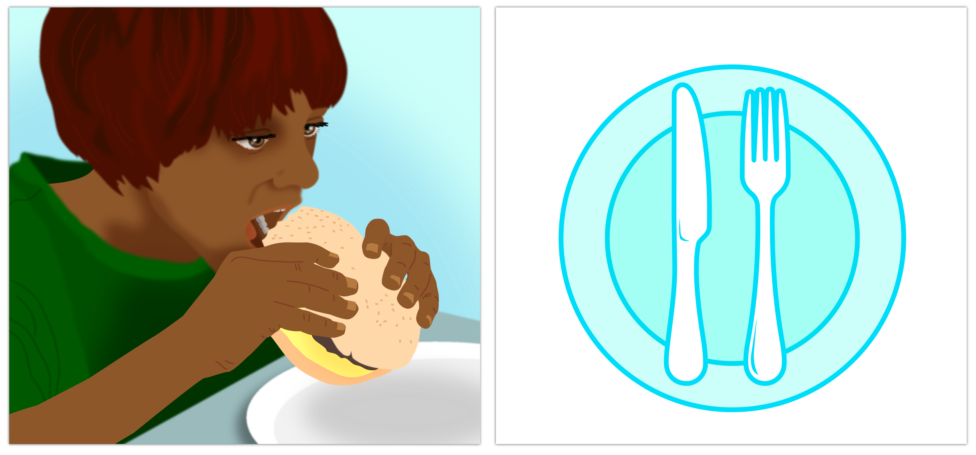 Person eating a sandwich next to an icon of a plate with a knife and fork. 