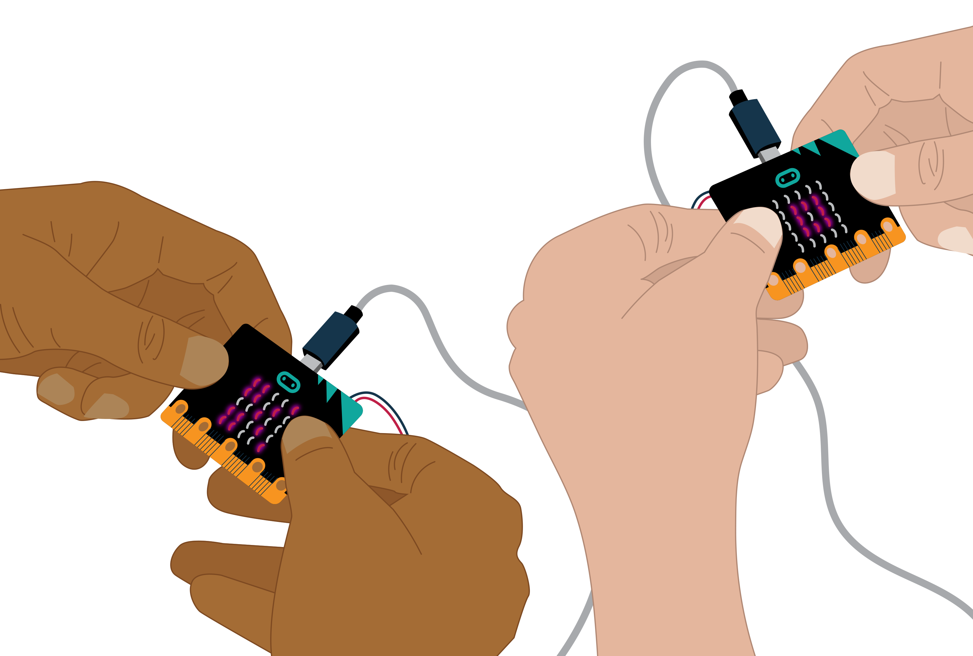 Two people holding micro:bit devices connected by a cable, demonstrating how digital devices can communicate and exchange data.