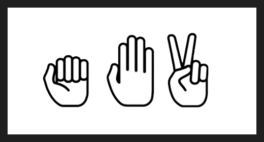Image of three hands displaying the symbols for rock, paper and scissors