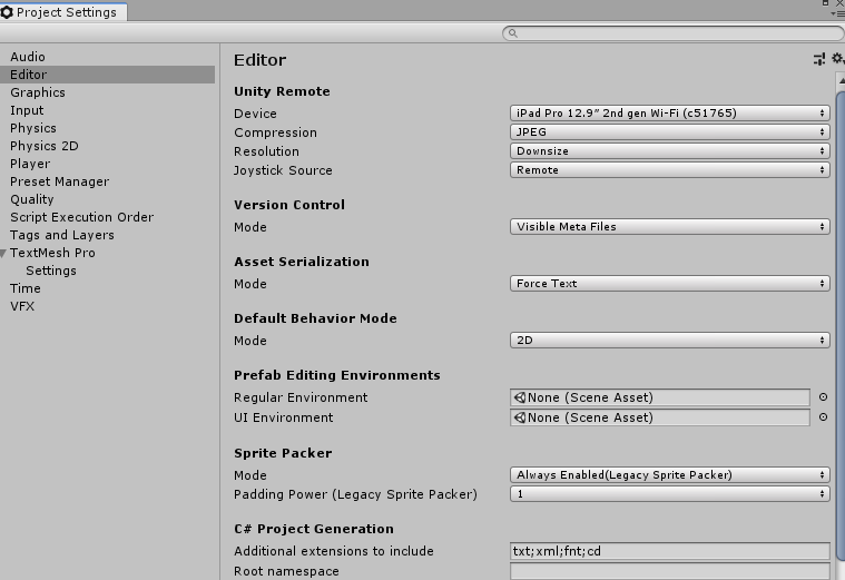 Screen shot of the Project Settings, with the Editor tab selected and open.