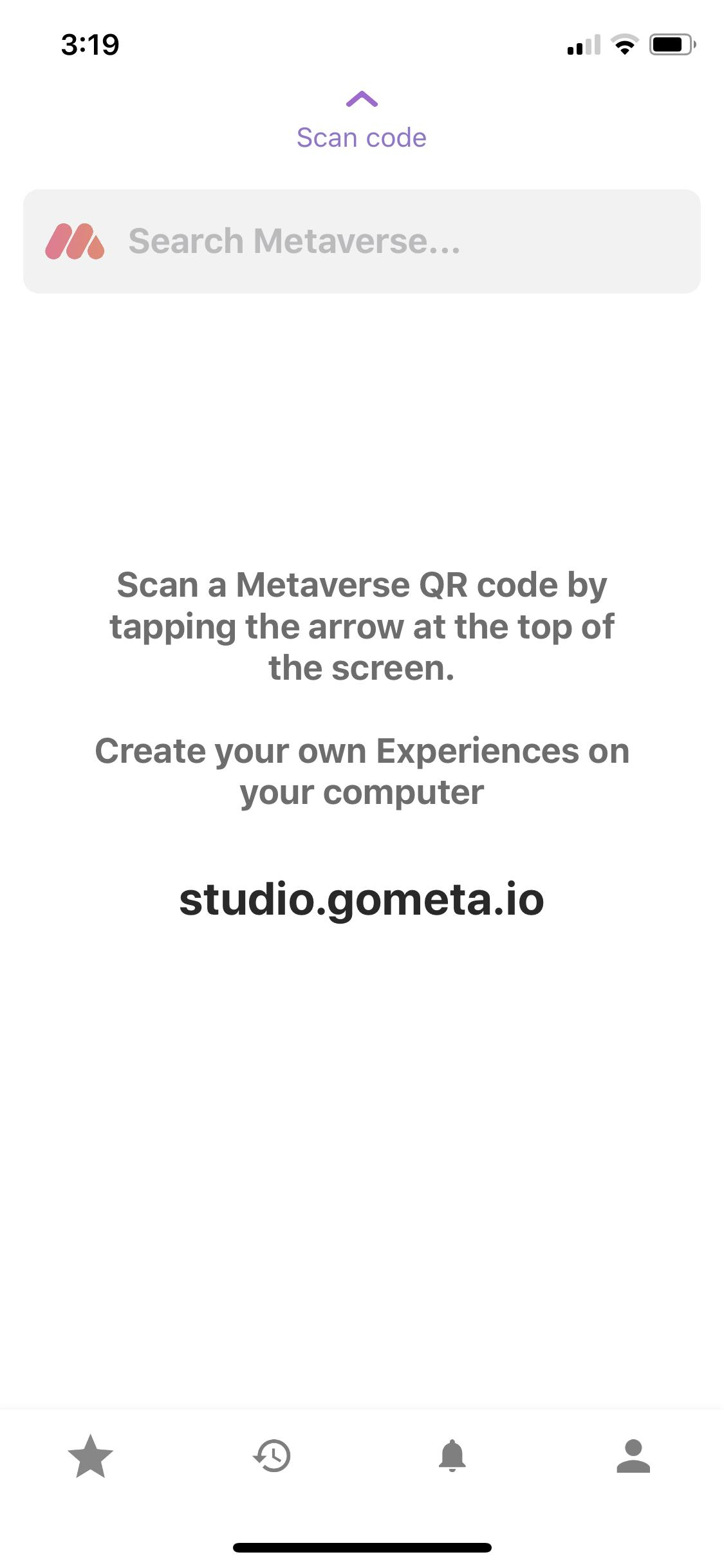 A screenshotted image displaying the 'Scan code' button in the Metaverse app.
