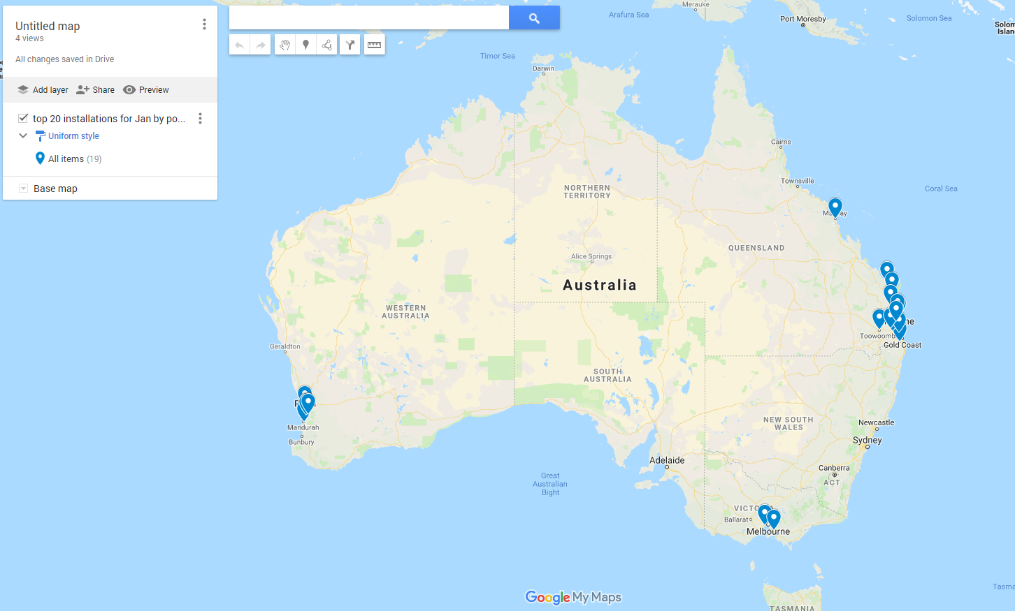 Data visualised on map of Australia. Full data available on table: Solar Installations sorted by Previous Years column, largest to smallest