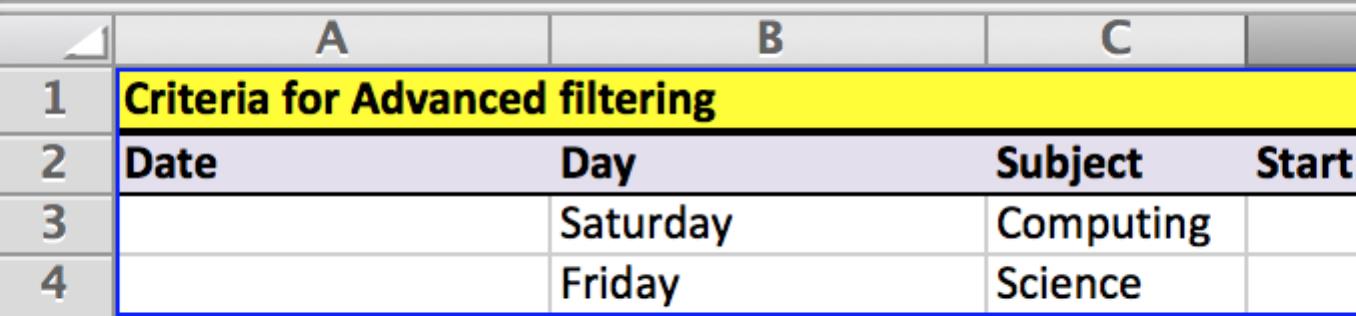 Image displays the excel table with data filtered by selecting Saturday and Friday and Computing and Science.