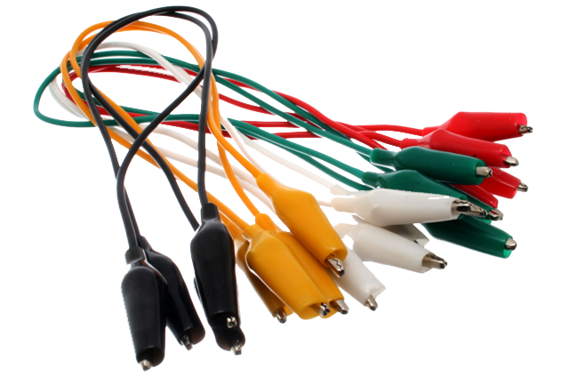 Photograph of a bundle of red, white, black and green alligator clips