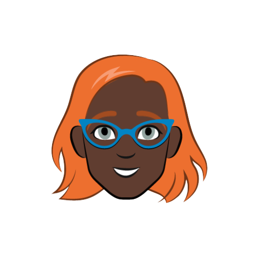 Red-haired woman with dark skin and blue glasses