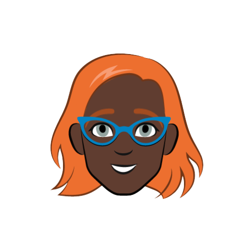Red-haired woman with dark skin and blue glasses