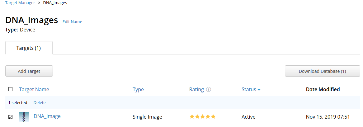 Screenshot of the Target Manager showing the DNA Images folder and the targets in it