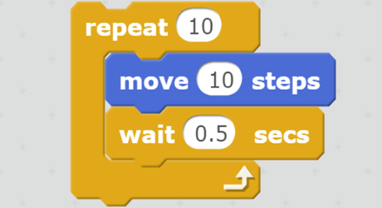 Screenshot of visual programming blocks. The blocks are: Repeat 10: move 10 steps and wait 0.5 seconds.