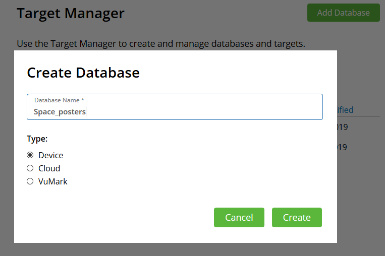 Screenshot of the Target Manager showing a Create Database pop up box