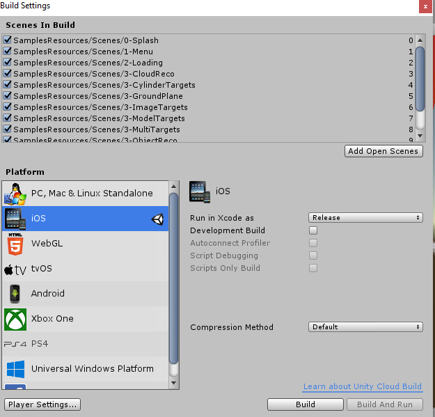 Screen shot of the different build settings. IOS has been selected as have all the scenes in build.