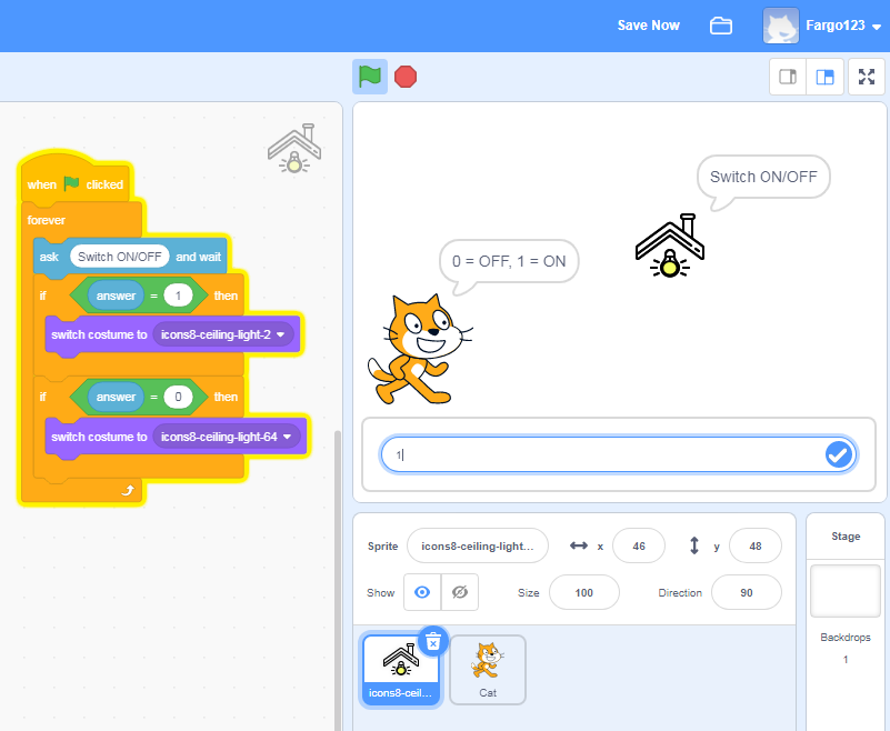 Screen capture of Scratch 3.0 program showing if/then blocks based on user input answer (1), to turn light on