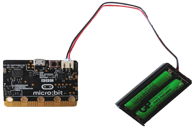 Photograph of a BBC micro:bit with connect battery pack