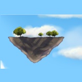 A floating rock with trees on