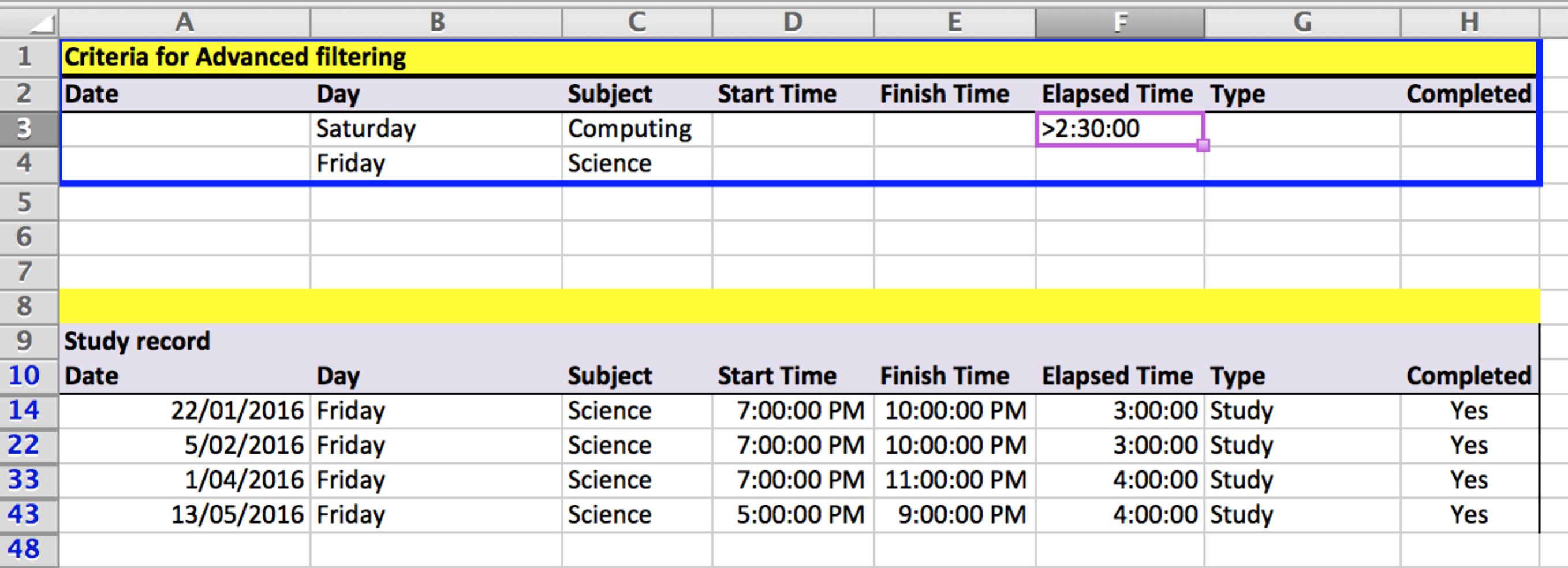 Image displays the excel table with data reflecting the first student's activity as an extension to determine how many occasions this student studied Computing on a Saturday or Science on a Friday for more than 2.5 hours.