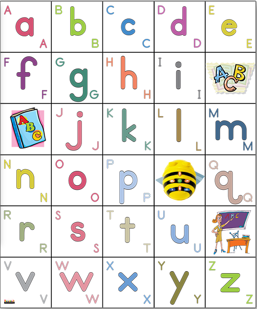 Colourful alphabet chart showing uppercase and lowercase letters A to Z in a grid. Each square contains a letter pair, with some squares featuring small illustrations. A bee-bot sits on one square between 'p' and the letter 'q'. Letters are displayed in different colours and playful fonts on a light background. and for next one