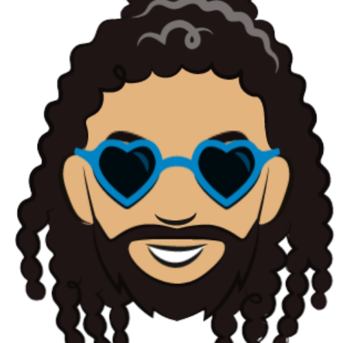 Brown-haired man with dreadlocks and blue, heart-shaped sunglasses