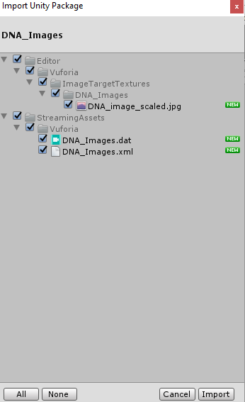 Screenshot of the Import Unity Package and the files that will be imported in the package.