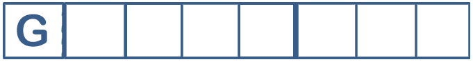 eight white squares with blue borders. The first square has the letter G.