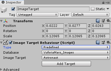 Screenshot of the Vuforia Inspector window displaying the Image Target settings