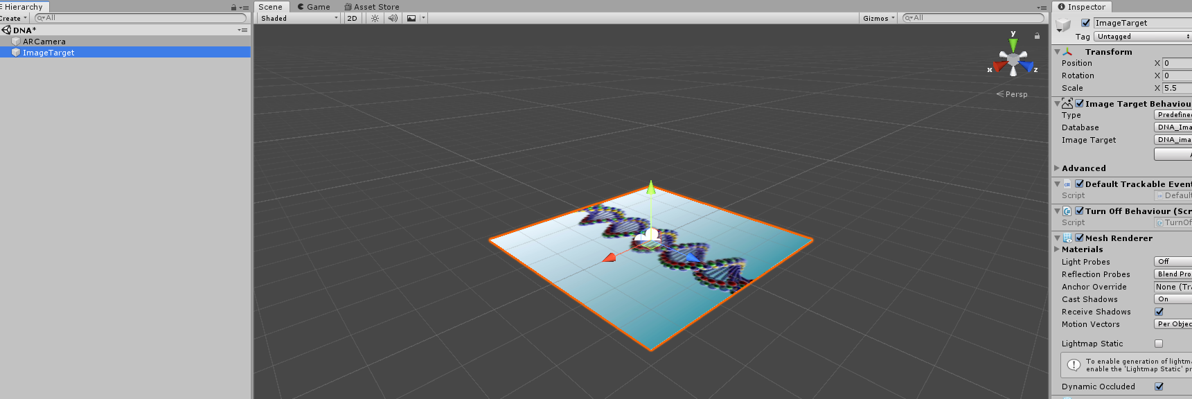 Screenshot of a Vuforia sample project that is being edited.