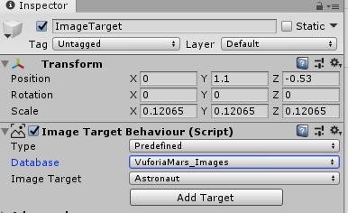 Screenshot of the Vuforia Inspector window displaying the Image Target settings