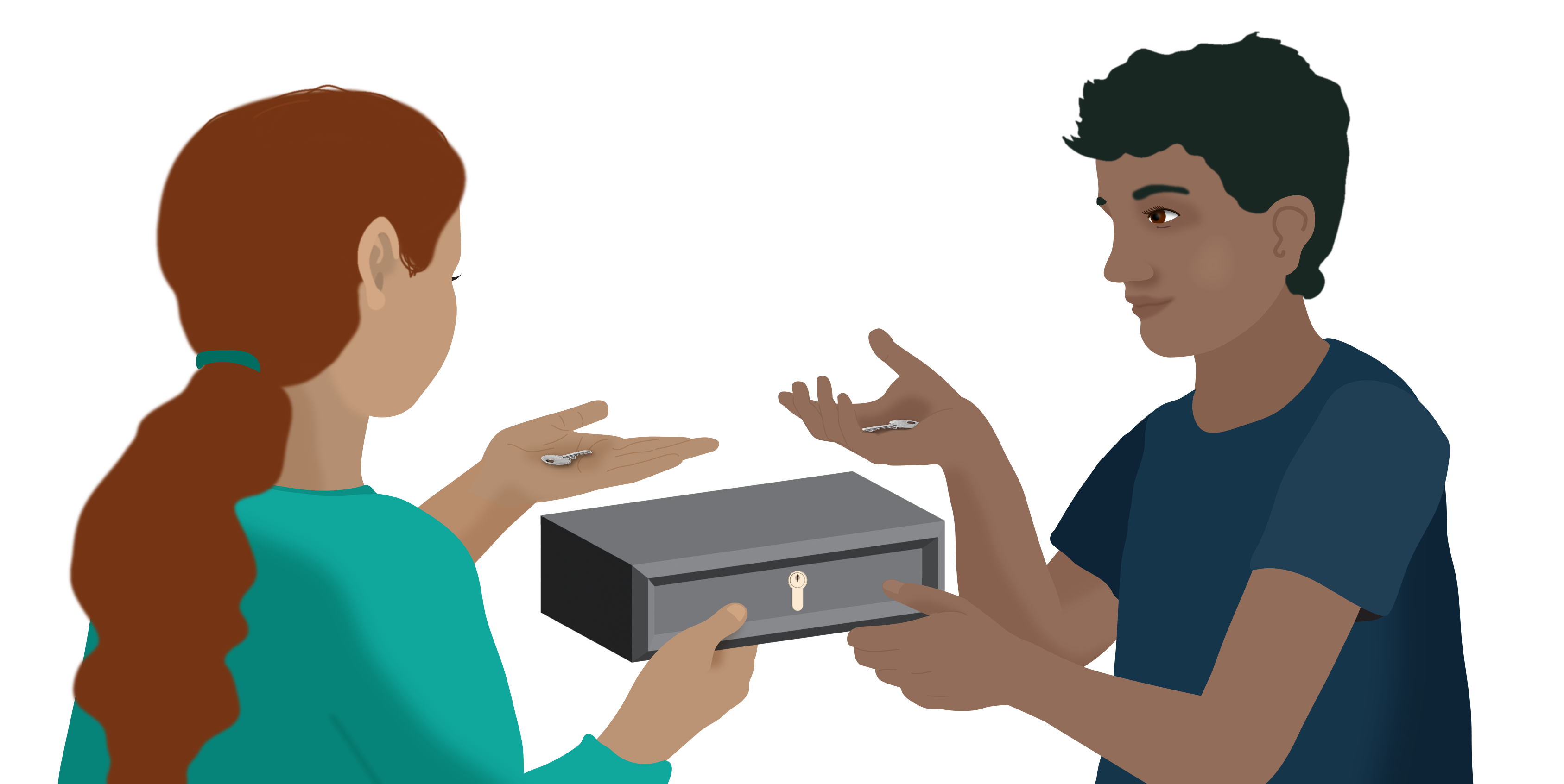 Two people exchange keys while one person hands over a locked box, illustrating secure transfer of information and access.