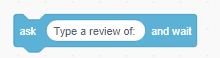 Screen capture of Scratch program showing block that states: 'Ask Type a review of and wait'