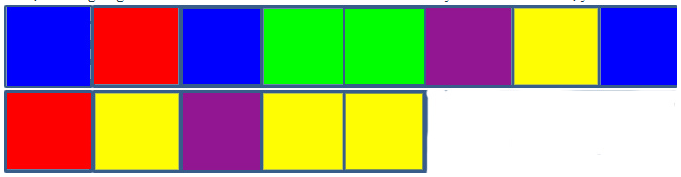 A second row of coloured blocks have been added to the previous image. The second row consists of red, yellow, purple, yellow and yellow blocks in that order.
