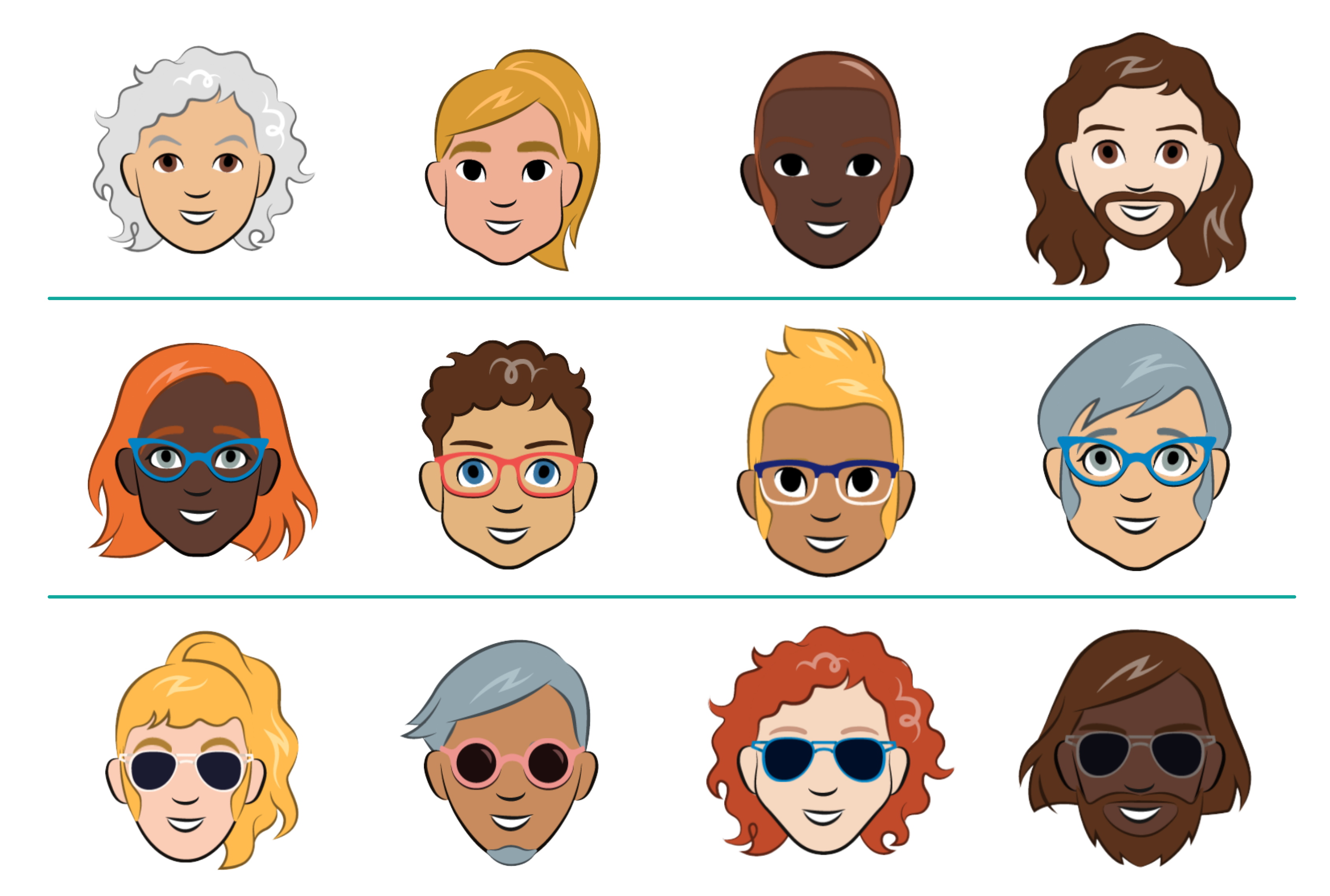 Illustration showing a diverse range of avatar faces with different hairstyles, glasses and accessories, demonstrating how digital profiles can be customised to represent different users.